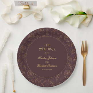 Gold Roses Foliage Chocolate Brown Wedding Party Paper Plate