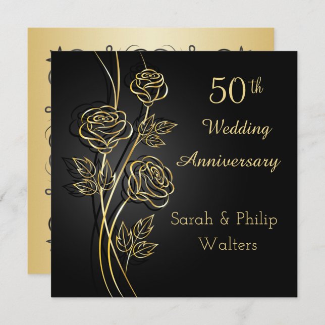 Gold roses on black 50th Anniversary Invitation (Front/Back)
