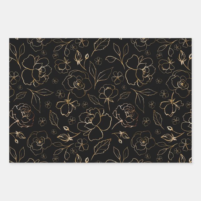 Gold roses on black Paper Flat Sheet Set of 3 (Front)
