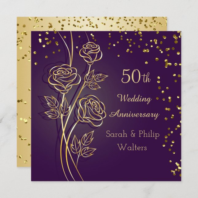 Gold roses on purple, confetti 50th Anniversary Invitation (Front/Back)