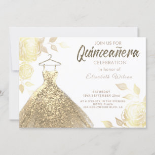 Gold roses sequins gold dress Quinceañera Invitat Invitation