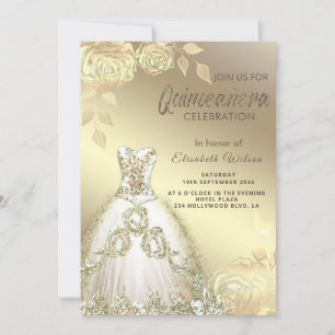 Gold roses trendy gold sequins dress Quinceañera Invitation