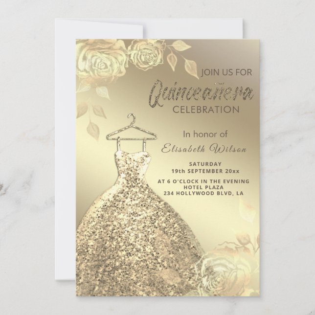 Gold roses trendy gold sequins dress Quinceañera  Invitation (Front)