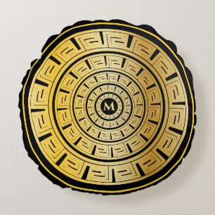 Gold Round Greek Key Custom Monogram Round Pillow