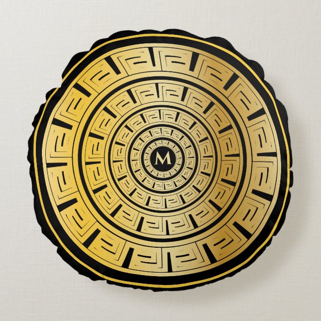 Gold Round Greek Key Custom Monogram Round Pillow (Front)