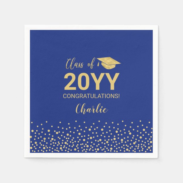 Gold Royal Blue Confetti Class of Graduation Party Napkin (Front)