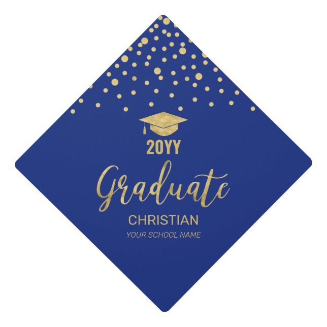 Gold & Royal Blue Confetti Graduation Cap (Front)