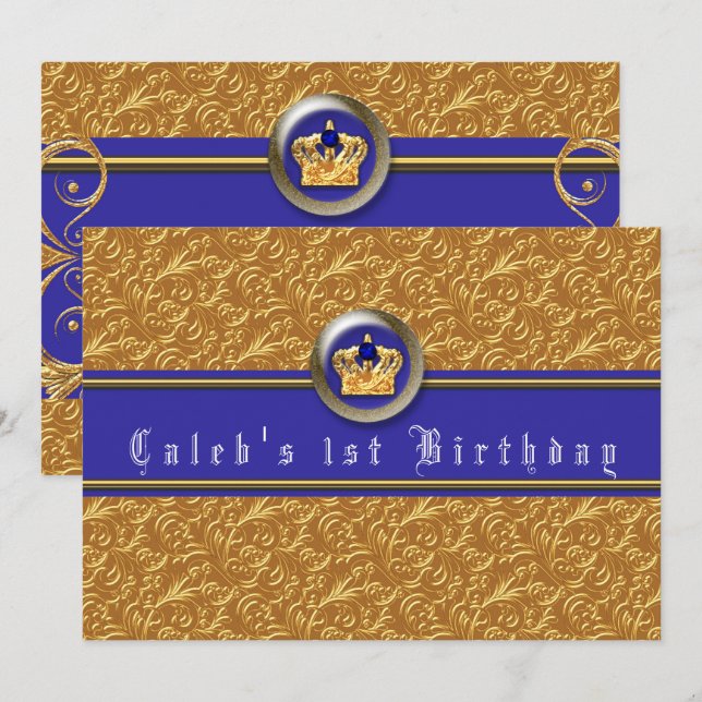 Gold & Royal Blue Crown Birthday Party Invitations (Front/Back)
