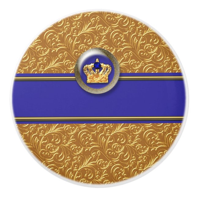 Gold & Royal Blue Crown Custom Personalized Ceramic Knob (Front)