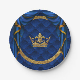 Gold & Royal Blue Crown & Drapes Birthday Party Paper Plate