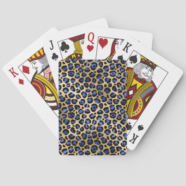 Gold & Royal Blue Glam Leopard Spots Print Playing Cards (Back)