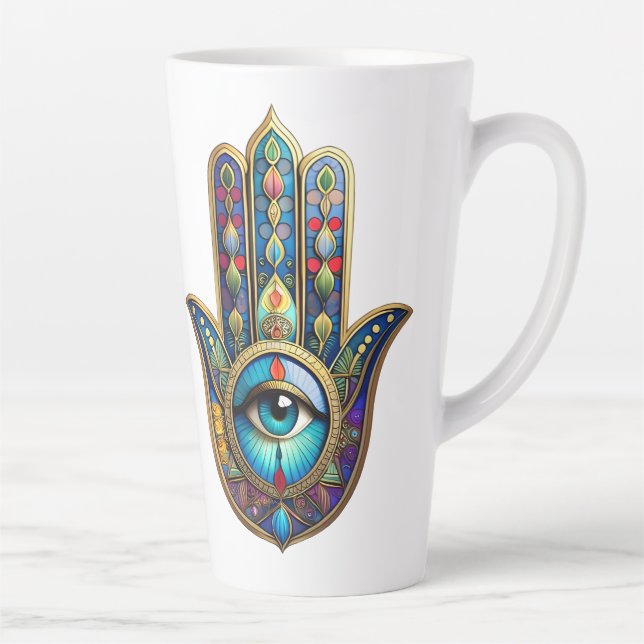 Gold Royal Blue Hamsa w/ Turquoise Third Eye Latte Mug (Right)