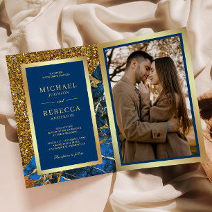 Gold Royal Blue Marble Photo QR Code Wedding Invitation