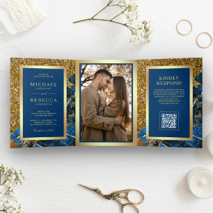 Gold Royal Blue Marble Photo QR Code Wedding Tri-Fold Invitation