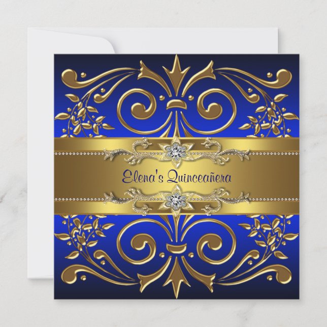 Gold Royal Blue Quinceanera Invitations (Front)