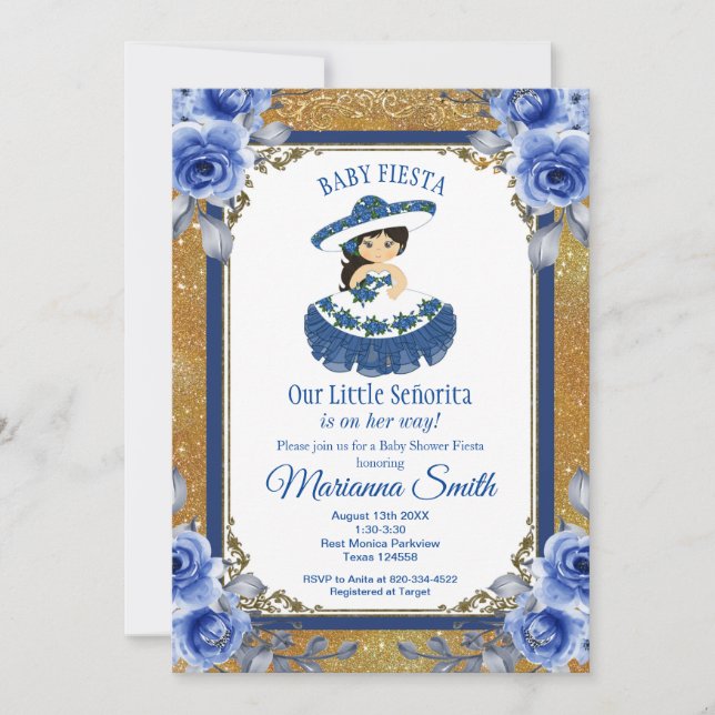 Gold Royal Blue Roses Mexican Fiesta Baby Shower  Invitation (Front)