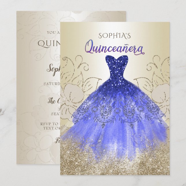 Gold Royal Blue Sparkle Dress Quinceañera Invitation (Front/Back)