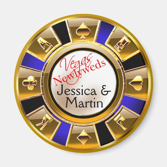 Gold & Royal Blue Vegas Casino Chip Favour Magnet (Front)