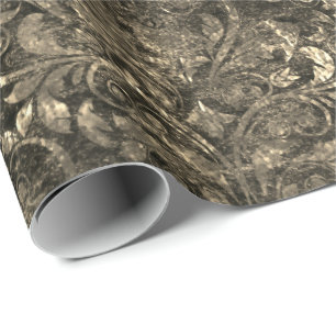 Gold Royal Damask Black Crushed  Velvet Sepia Faux Wrapping Paper