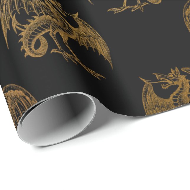 Gold Royal Dragon King Crown Black Noir Heraldic Wrapping Paper (Roll Corner)