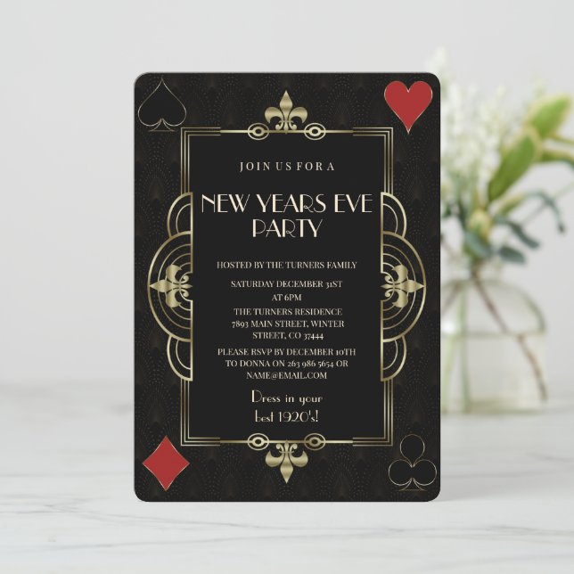 Gold Royal Fleur-de-Lis Art Deco New Year Party  Invitation (Standing Front)