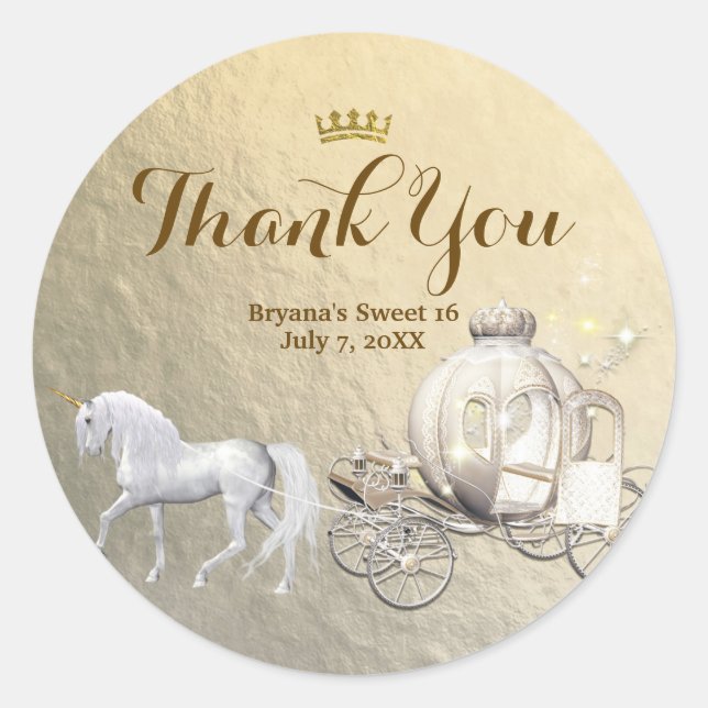 Gold Royal Princess Storybook Carriage & Unicorn Classic Round Sticker (Front)
