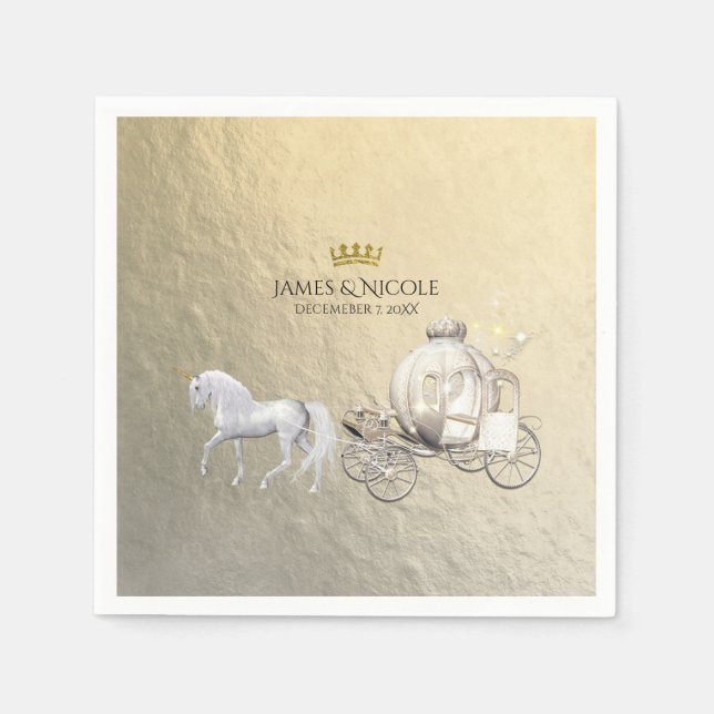 Gold Royal Princess Storybook Carriage & Unicorn Napkin (Front)