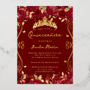 Gold Ruby Red Swirl Scroll Floral Quinceanera