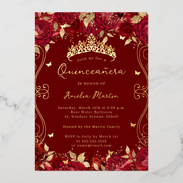 Gold Ruby Red Swirl Scroll Floral Quinceanera  (Front)