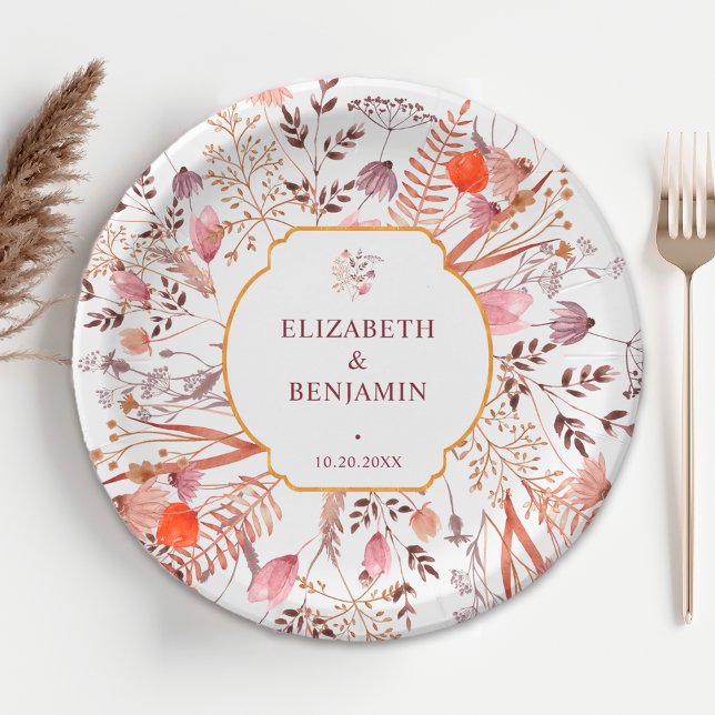 Gold Rustic Boho Chic Fall Wildflowers Wedding Paper Plate (Creator Uploaded)