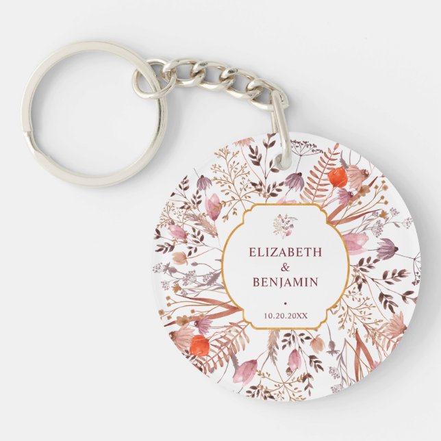 Gold Rustic Boho Chic Wildflowers Wedding Favour Keychain (Front)