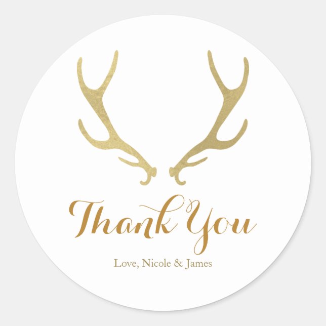 Gold Rustic Deer Antlers Woodsy Wedding Favour Classic Round Sticker (Front)