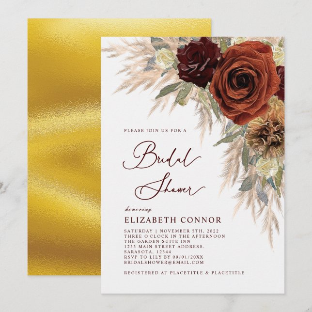 Gold Rustic Floral Pampas Grass Bridal Shower Invitation (Front/Back)