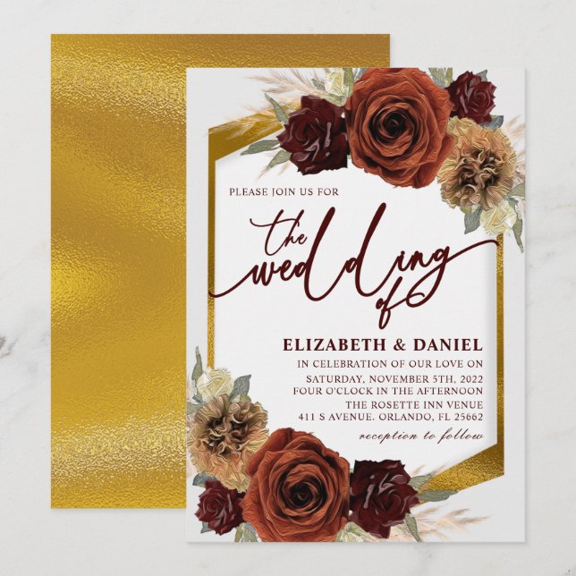 Gold Rustic Floral Pampas Grass Wedding Invitation (Front/Back)