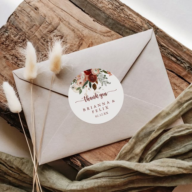 Gold Rustic Floral Thank You Wedding Favour   Classic Round Sticker (Creator Uploaded)