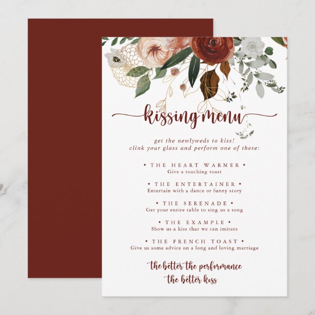 Gold Rustic Floral Wedding Kissing Menu Game Card (Front/Back)