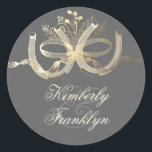 Gold Rustic Horseshoes Country Wedding Classic Round Sticker<br><div class="desc">rustic country shorseshoes couple gold foil effect wedding stickers</div>