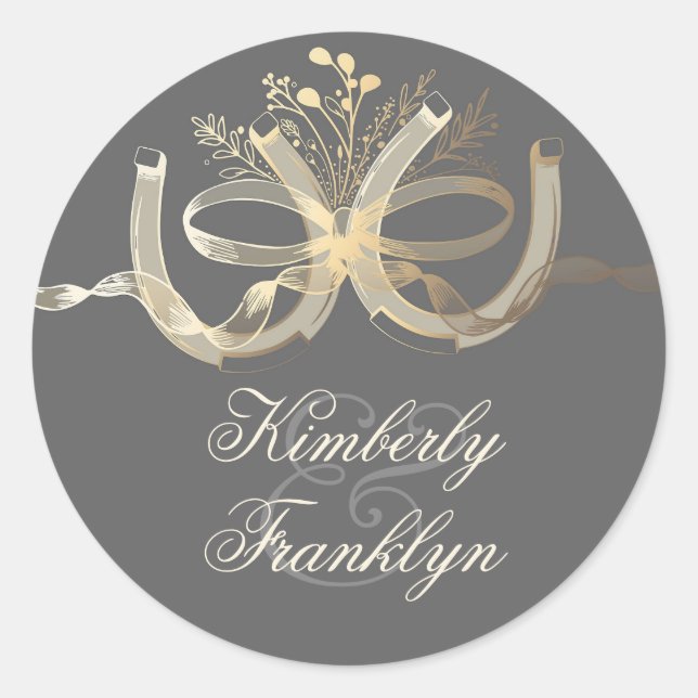 Gold Rustic Horseshoes Country Wedding Classic Round Sticker (Front)