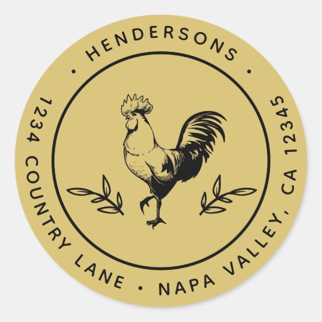 Gold Rustic Rooster Round Return Address Classic Round Sticker (Front)