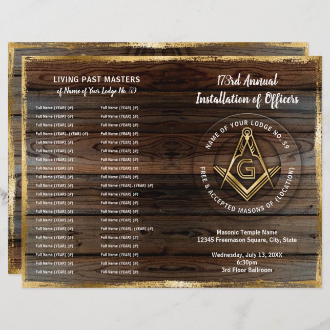 Gold Rustic Wood Bifold Masonic Program Template (Front/Back)