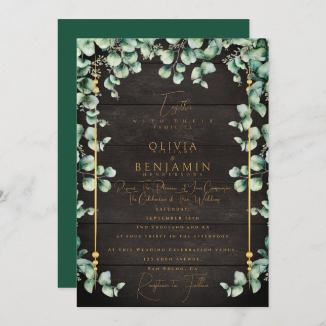 Gold Rustic Wood & Eucalyptus greenery Wedding Inv Invitation (Front/Back)