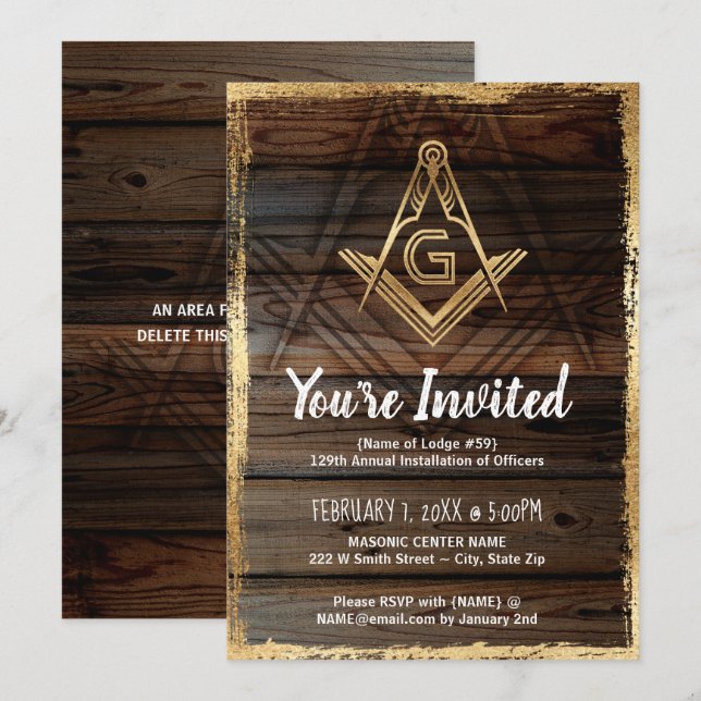 Gold Rustic Wood Masonic Invitations | Freemasonry (Front/Back)