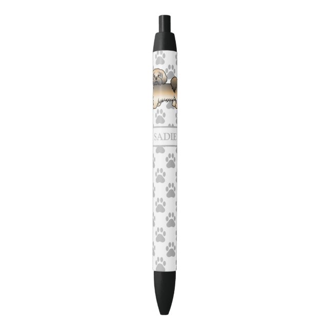 Gold Sable Lhasa Apso Cartoon Dog & Name Black Ink Pen (Front Vertical)