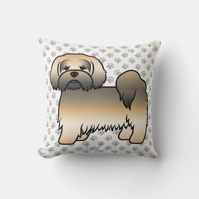 Gold Sable Lhasa Apso Cartoon Dog & Paws Throw Pillow (Front)
