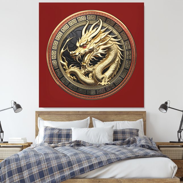 Gold Sacred Eastern Dragon Medallion Canvas Print (Insitu(Bedroom))