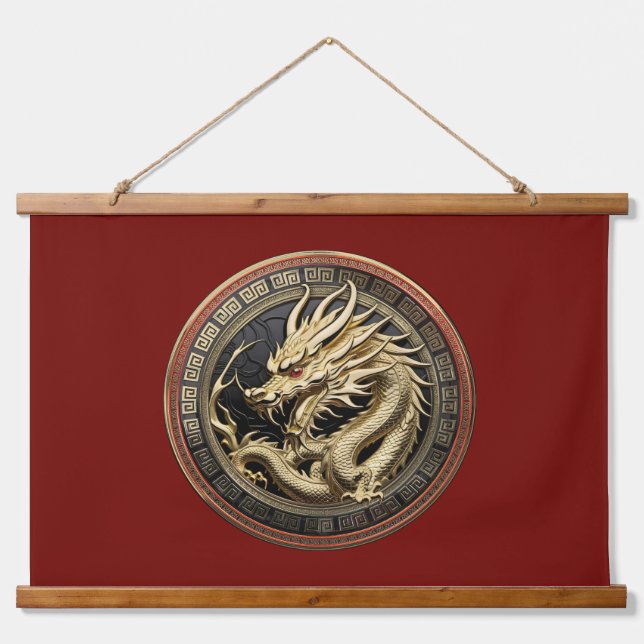 Gold Sacred Eastern Dragon Medallion Hanging Tapestry (Front)