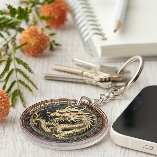 Gold Sacred Eastern Dragon Medallion Keychain (Front Right)
