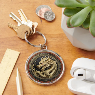 Gold Sacred Eastern Dragon Medallion Keychain