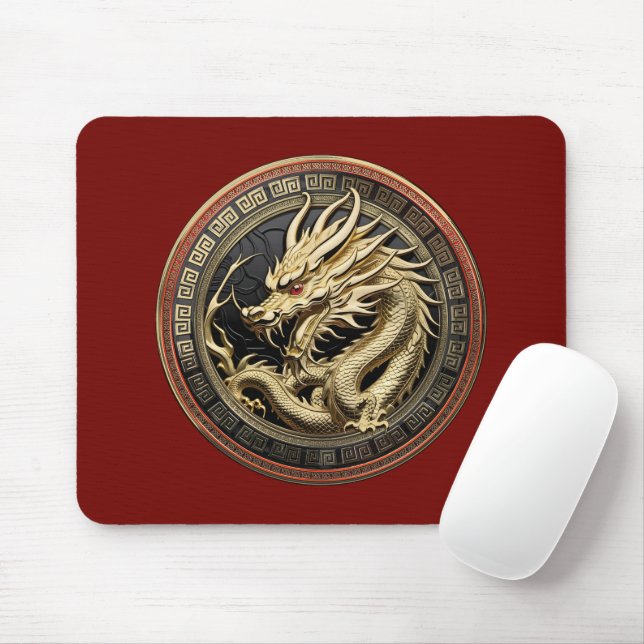 Gold Sacred Eastern Dragon Medallion Mouse Pad (With Mouse)