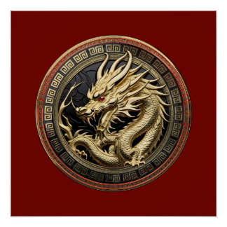 Gold Sacred Eastern Dragon Medallion Poster